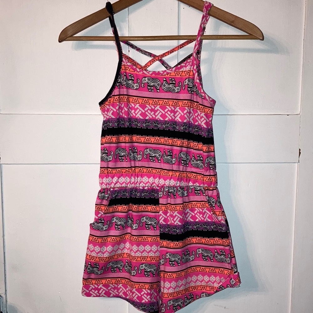 One Piece Summer Outfit Pink Black Elephant Print Romper Pockets Sz 7 8 Girl